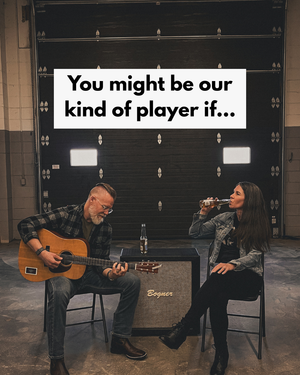 Two people sitting with a guitar and bottle in front of a black amplifier, text overlay 'You might be our kind of player if.